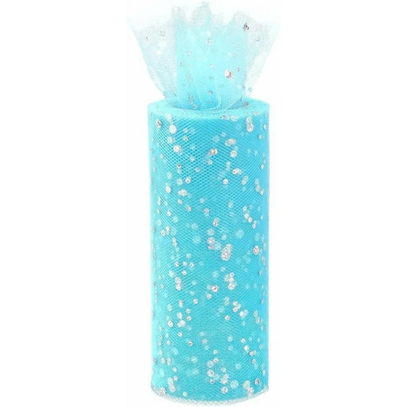 25 Yards 6 Inch Wide Blue Glitter Tulle Roll Silver Sequin Netting Mesh ...