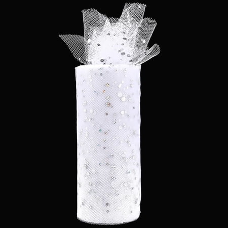 25 Yards 6 Inch Wide White Glitter Tulle Roll Silver Sequin Netting Mesh Ribbon Rolls Sheer Net Sparkly Fabric Ribbons Bulk Spool DIY
