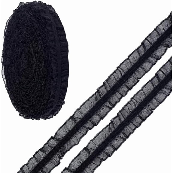 25 Yards Black Elastic Ruffled Lace Ribbon 1 Inch Polyester Stretch Double Organza Pleated Lace Sewing Trim for DIY Clothing Dress Hat Home Decor Accessories and Gift Wrapping