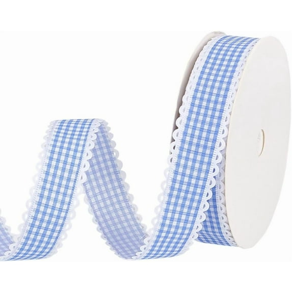 25 Yards Blue Gingham Ribbon 1 inch Buffalo Plaid Ribbons Lace Edge ...
