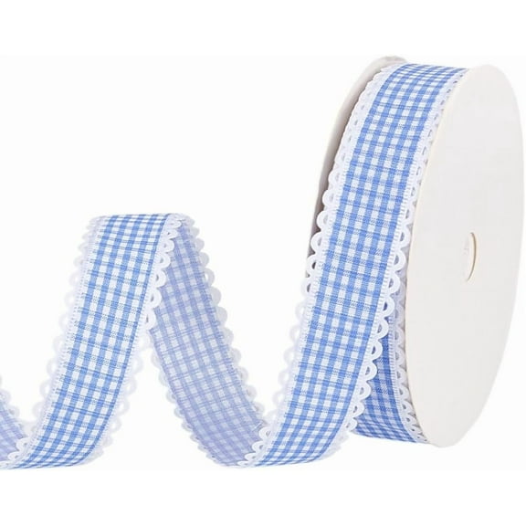 25 Yards Blue Gingham Ribbon 1 inch Buffalo Plaid Ribbons Lace Edge Checkered Taffeta Plaid