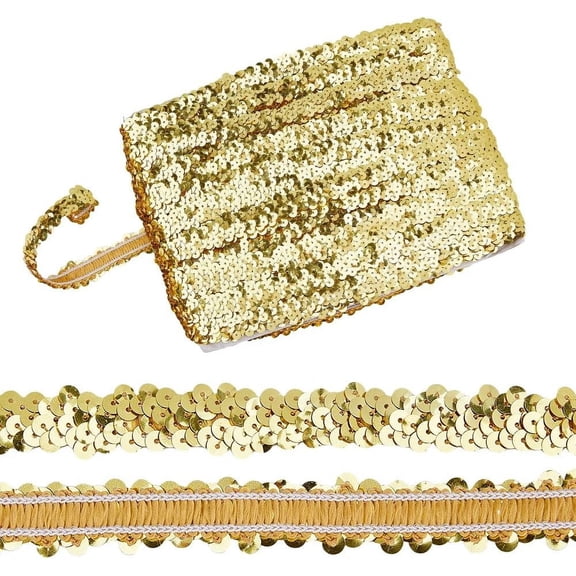 25 Yards Elastic Sequin Trim Gold Sequin Ribbon 0.7 inch Flat Glitter Stretch Ribbon 2 Row Metallic Sequins Trim
