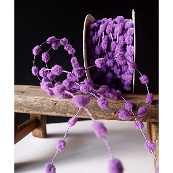 25 Yards Fuzzy Pom Pom Wired Trim Ribbon Lace - Lavender