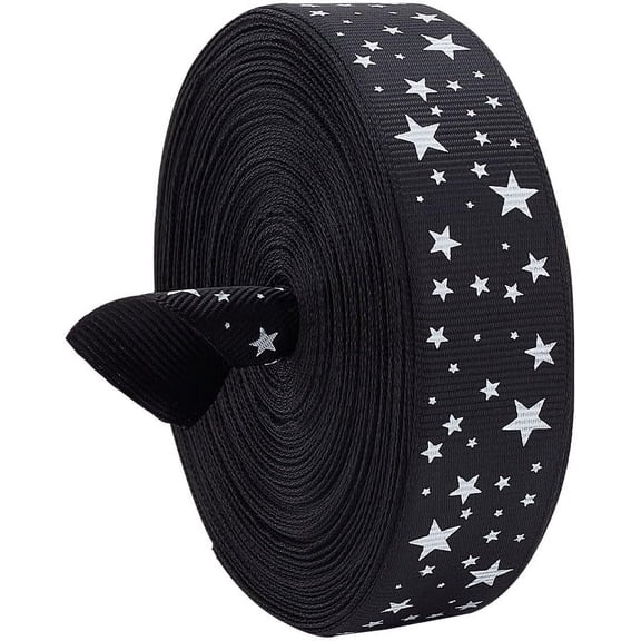 25 Yards Polyester Star Print Grosgrain Ribbon Garment Accessories Black 1 inch(26mm) for Handmade