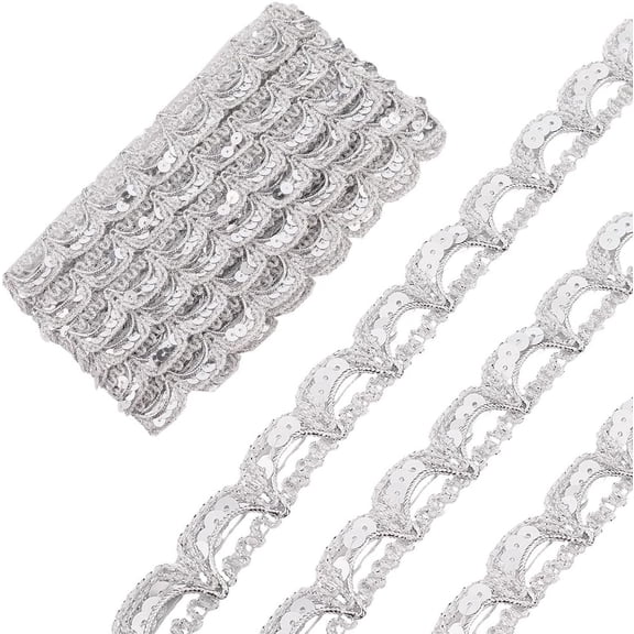 25 Yards Sequin Lace Trim 3/4 Inch Gimp Braid Lace Ribbon Glitter Silver Beaded Fabric Metallic Trim with Plastic Paillette Beads