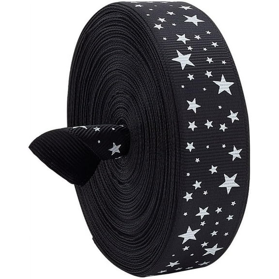 25 Yards Stars Printed Ribbons 1inch Black Decorative Grosgrain Ribbon with White Stars Polyester Craft Ribbon