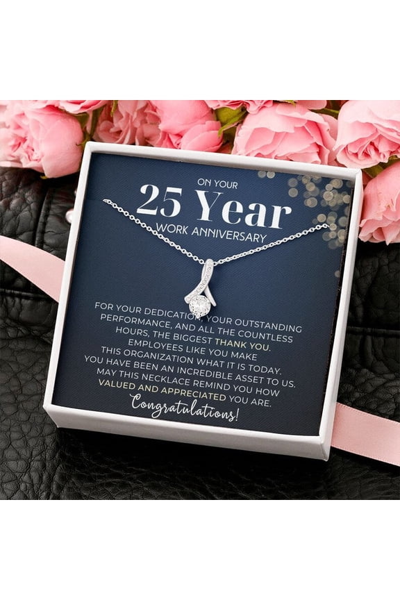 25 Year Work Anniversary Appreciation Alluring Beauty Necklace, Employee Years of Service Recognition Jewelry, Employee Congratulations Gift 25 Years, White Alluring Necklace
