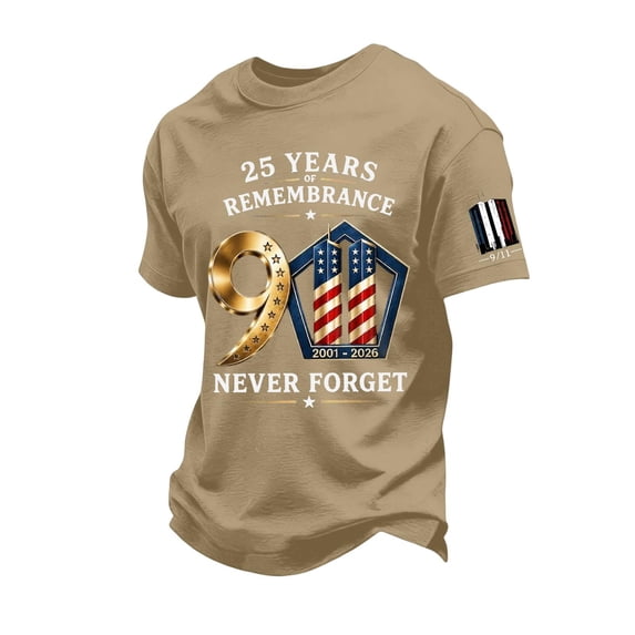 25 Years of Remembrance 9/11 Anniversary Men's T-Shirt - Never Forget Graphic Crew Neck Pullover with Commemorative Art for Memorial Wear Yellow M