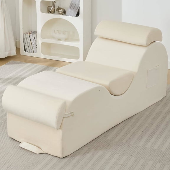 25" Yoga Stretching Chair, Velvet Home Exercise & Training Chaise Lounge with Headrest & Movable Footrest, Beige