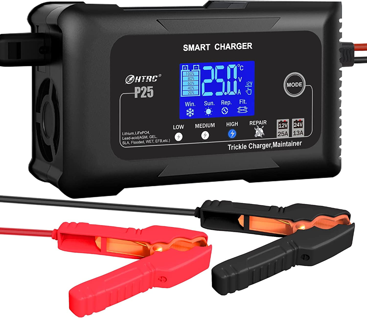 25-amp smart battery charger,lithium,lifepo4,lead-acid agm/gel/sla.. car battery charger,trickle charger, maintainer/deep cycle charger,12v/25a and 24v/13a,for motorcy,boat,lawn mower
