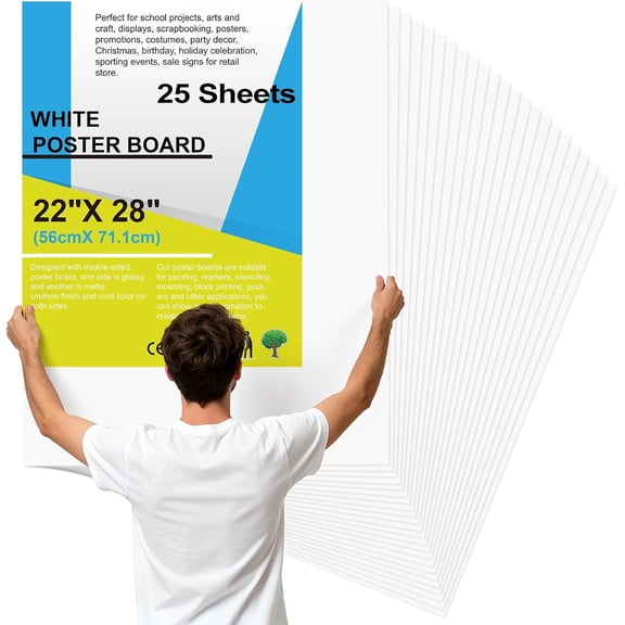 25 count 22" x 28" Poster Board White Poster Paper Bulk,  250 GSM Thickness Vision Boards  Poster Board for School Arts Craft Projects Presentations Drawing Scrapbooking Blank Graphic Display