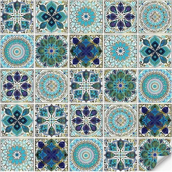 25 count 4x4 Inch Mandala Tile Stickers, Peel and Stick Self Adhesive Removable Moroccan Tiles Backsplash  Oil Proof for Bathroom & Kitchen Wall Stickers  Decor