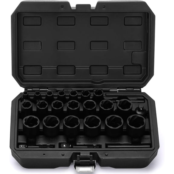 25 count Bolt Nut Extractor Kit, 1/2" & 3/8" Drive Bolt & Nut Remover Socket Tool Kit, Metric 8-27mm, CR-MO, Wheel Lock Removal for Extracting Damaged, Stripped Frozen Nuts & Screws