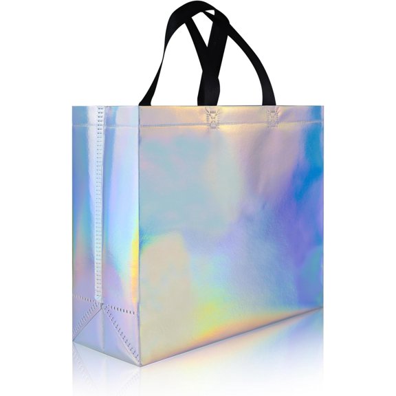 25 count Iridescent Glossy Bags with Handles & Sturdy Bases, 12.6x4.7x11 In Holiday Party Bags Bulk for Birthday, Wedding, Xmas, Thanksgiving