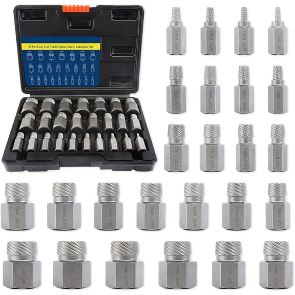 25 count Screw Extractor Set, Heavy Duty Bolt Extractor Set, Hex , CR-MO Steel, Multi-Spline Stripped Screw Extractor for Damaged , Screws and Studs