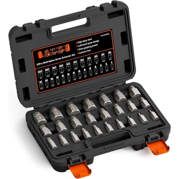 25 count Screw Extractor Set, Hex Multi-Spline Easy Out Bolt Extractor Set for Rounded , Screws, Studs, Chrome Molybdenum Alloy Steel Bolt Remover