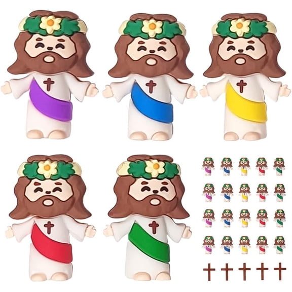 25 count Small Figurines Set with 5 Wooden Crosses, Design Mini Rubber , Miniature Figurines to and Seek Christian Gifts, Easter Egg Fillers, Religious Decor