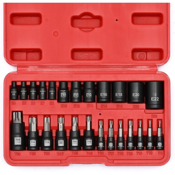 25 count Torx Bit and Socket Set, 13 Bits (T8- T60) & 12 E-Torx Sockets (E4-E22), Professional Grade Auto & Mechanic Set
