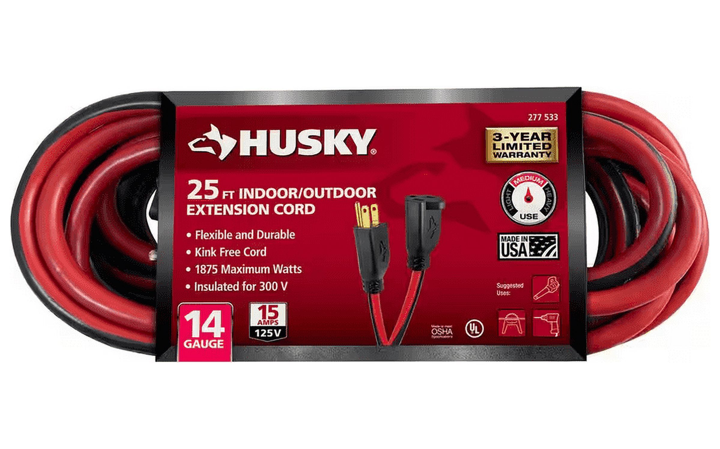 25 ft. 14/3 Medium Duty Indoor/Outdoor Extension Cord, Red/Black