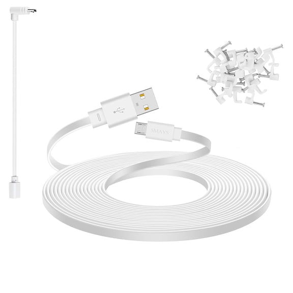 25 ft Micro USB Extension Cable Compatible with Cam v4, Cam Pan v3, Yi Cam, Nest Cam, Mini Security Camera, Long Flat Power Cord, White