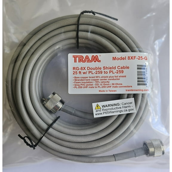 25' ft RG8X Type Double Shielded Coaxial Cable Jumper Assembly With PL259 Connectors. For CB Ham Radio Amtenna Installations TRAM 8XFG 8XF-25-G