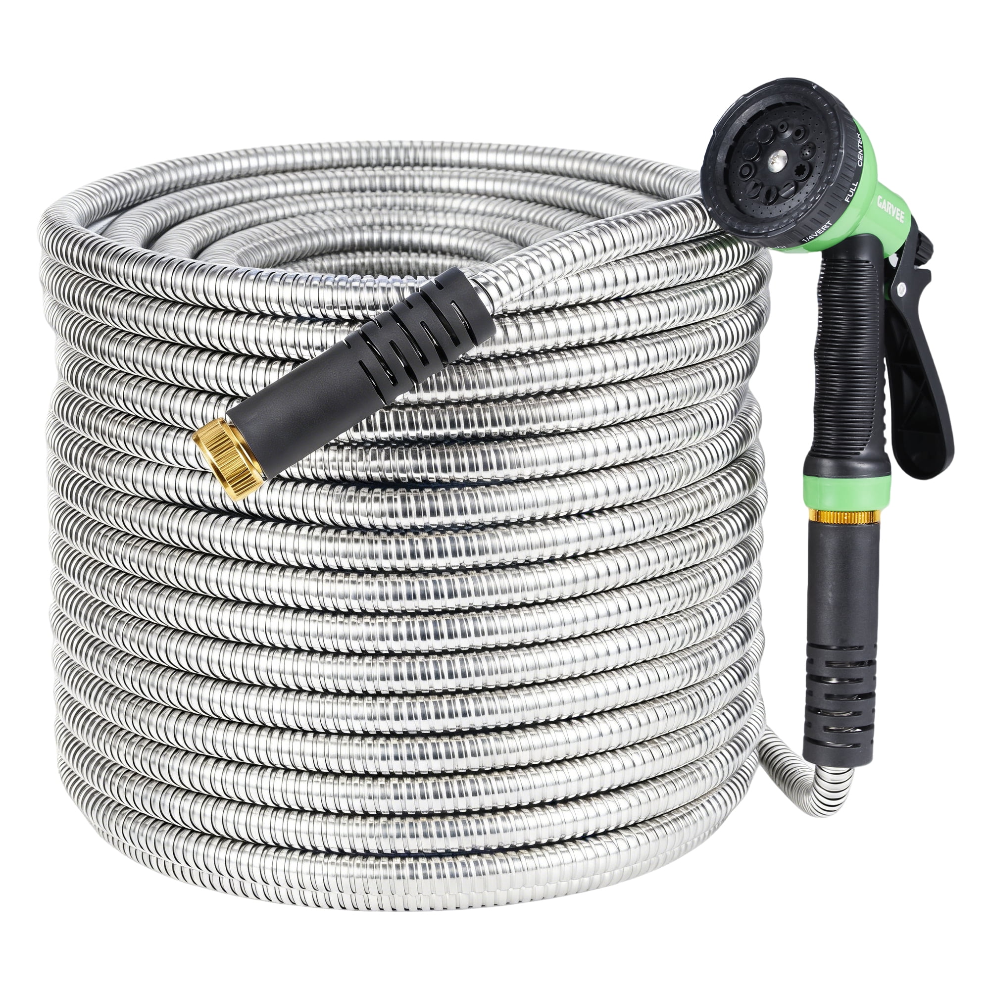 25 ft Stainless Steel Garden Hose with 10-Function Sprayer Nozzle, Rust-Proof, Lightweight, Leak-Proof Connectors – Ideal for Yard, Car Wash, RV, Pet Bathing – American Standard