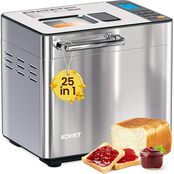25-in-1 Bread Maker Machine with Automatic Dual Dispenser, 2LB Stainless Steel Breadmaker with Gluten-Free, Dough, Jam, Yogurt etc Settings, Silver