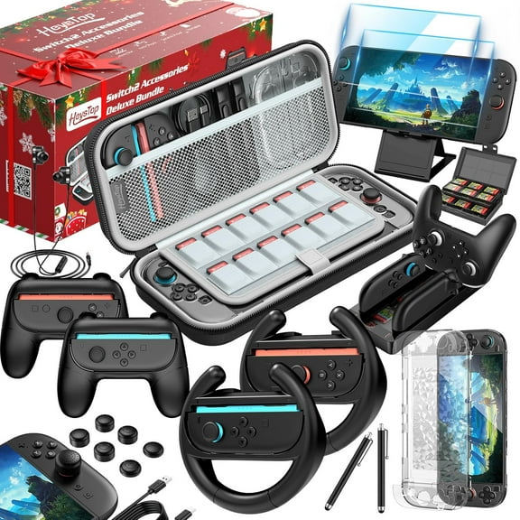 25-in-1 Switch 2 Accessories Bundle - All-in-One Gaming Kit with Carrying Case, Screen Protector, Joy-Con Grip, Steering Wheel & Charging Dock
