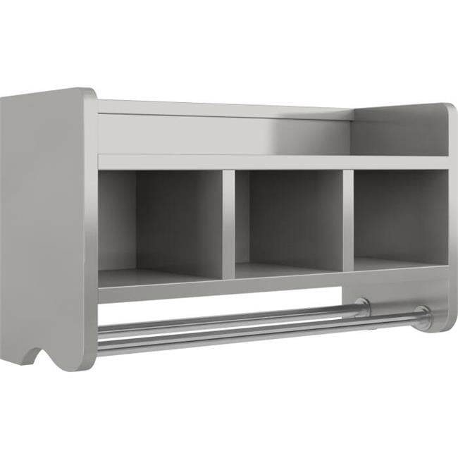 Gray Wood 25" Wall-Mounted Bath Storage Shelf with Dual Towel Rods