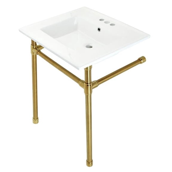 25 in. Dreyfuss Console Sink with Stainless Steel Legs - 4 in. 3 Hole, White & Brushed Brass
