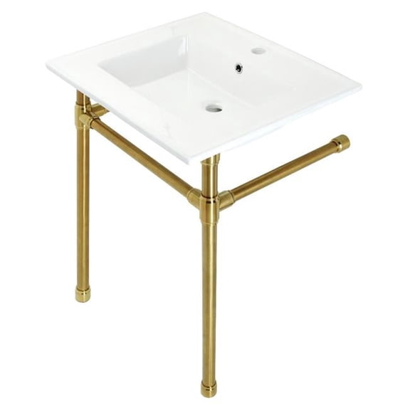 25 in. Dreyfuss Console Sink with Stainless Steel Legs - Single Faucet Hole, White & Brushed Brass