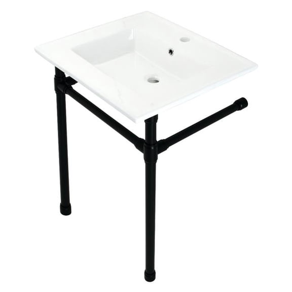 25 in. Dreyfuss Console Sink with Stainless Steel Legs - Single Faucet Hole, White & Matte Black