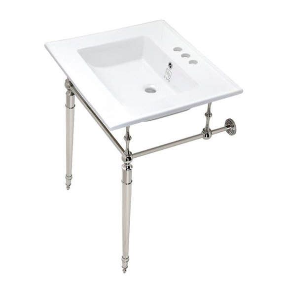 25 in. Edwardian Console Sink with Brass Legs - 4 in. 3 Hole, White & Polished Nickel