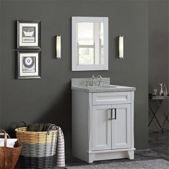 25 in. Single Oval Sink Vanity with Granite Top, White & Gray