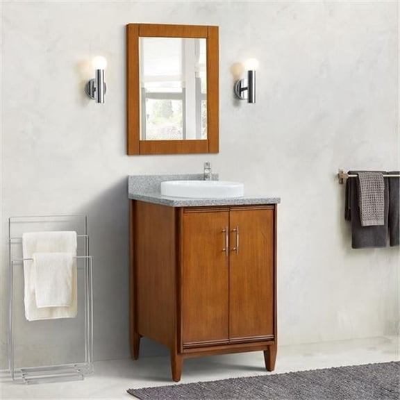 25 in. Single Round Sink Vanity with Granite Top, Walnut & Gray