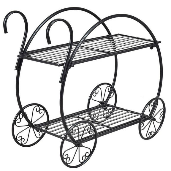 25 in. Tall Indoor/Outdoor Black Metal Plant Stand Heavy-Duty Flower Cart (2-Tiered)