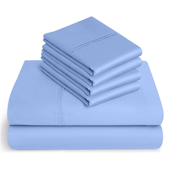 25-inch Extra Deep Pockets - Pure Giza Cotton Short King Size, Light Blue Color Bedsheet Set - 400-Thread-Count, 6-PC [1 flat sheet, 1 fitted sheet, 2 pillowcases]