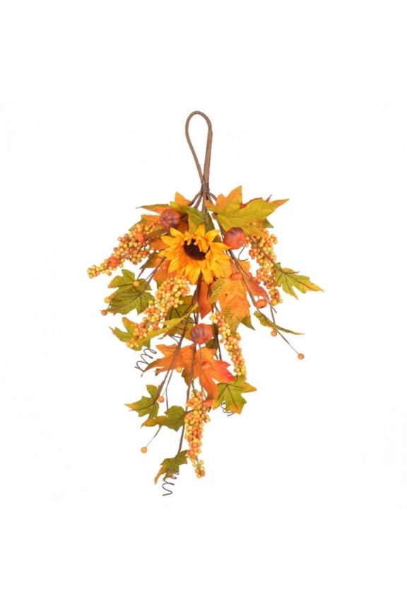 25 inch Fall Sunflower Artificial Swag with Fall Maple Leaves,Pumpkin,Beries, Harvest Teardrop Swag for Home Fall Front Door Decor