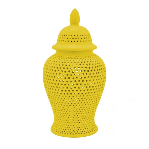 25 inch Ginger Jar, Carved Cutout Lattice, Removable Lid, Yellow