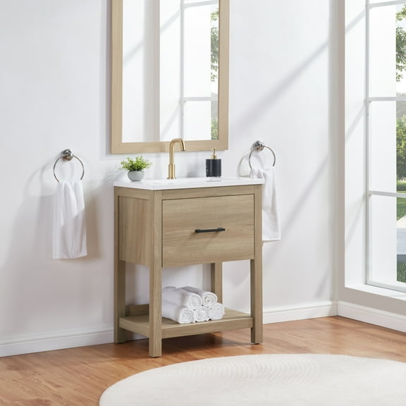 BOUQUETYZ 25 inch Modern Bathroom Vanity with White Sink - Single Drawer & Open Shelf Storage Cabinet in Light Oak Finish, Solid Wood Construction for Powder Room (White Oak)
