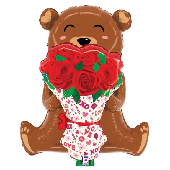 25 inch Rose Bouquet Bear Betallic Foil Mylar Balloon - Party Supplies Decorations