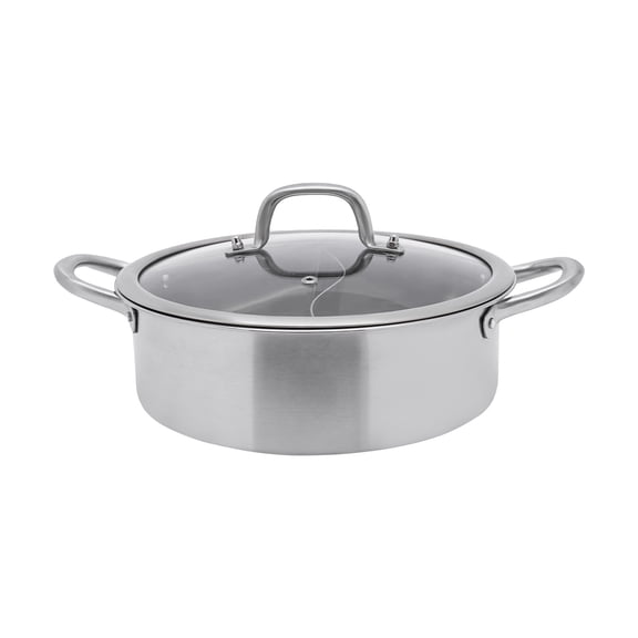 25-inch Stainless Steel Hot Pot with Divider & Glass Lid,2-in-1 Double-handle Hot Pot with Spoon,Leaky Spoon,Chinese Shabu Pot for Kitchen Restaurants Homes