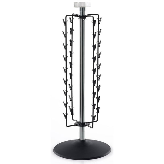 25-inch-tall Clamp Strip Stand for Countertop Use, 36 Clips for Packaged Goods, Spinner Rack with Plastic Base and Sign Holder (Black) (CCCR36BK)