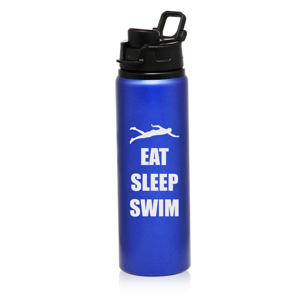 25 oz Aluminum Sports Water Travel Bottle Eat Sleep Swim Swimmer (Blue)