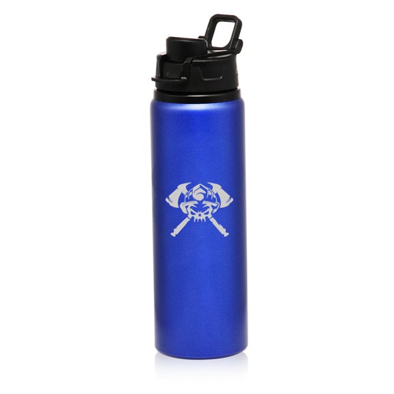 25 oz Aluminum Sports Water Travel Bottle Firefighter Skull (Blue)