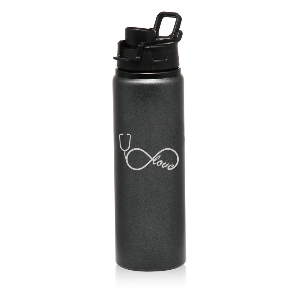25 oz Aluminum Sports Water Travel Bottle Infinity Love Nursing Stethoscope (Charcoal)