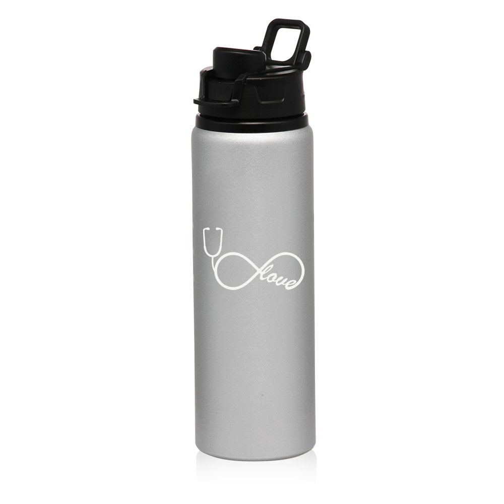 25 oz Aluminum Sports Water Travel Bottle Infinity Love Nursing Stethoscope (Silver)
