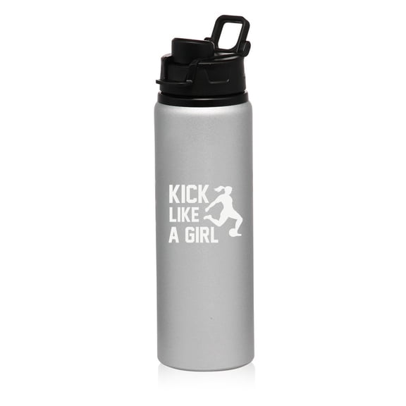 25 oz Aluminum Sports Water Travel Bottle Kick Like A Girl Soccer (Silver)
