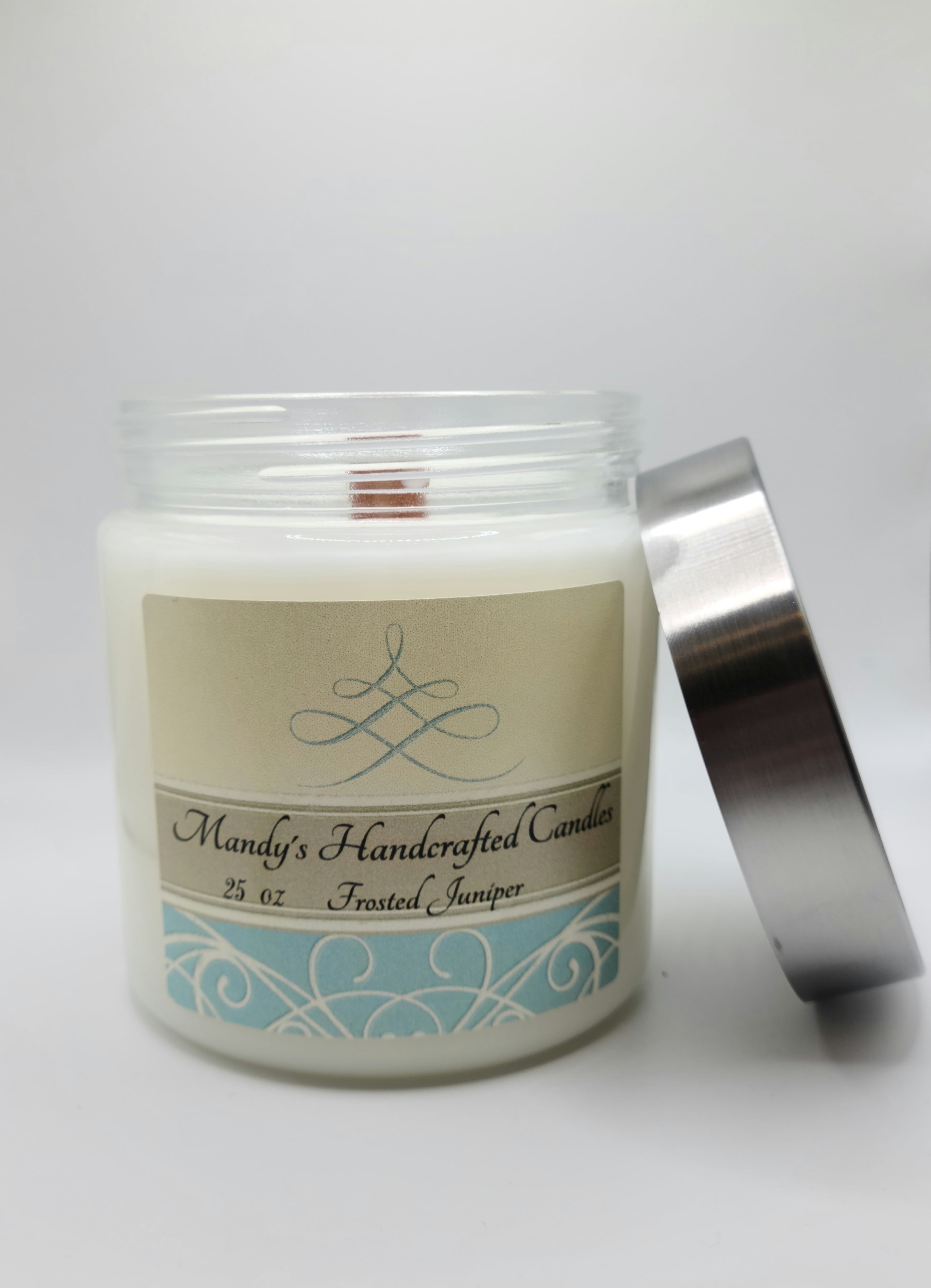 Mandy's Candles Round Clear Glass Candle, 25oz, Frosted Juniper Scented, with Crackling Wooden Wick