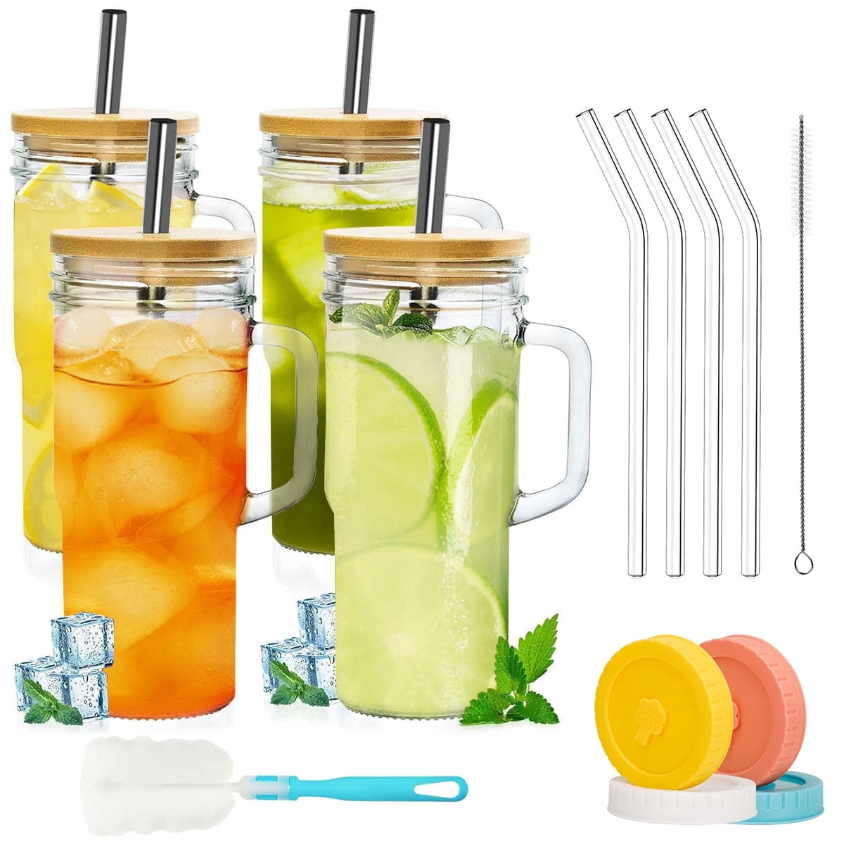 GPED 25 oz Glass Cups with Bamboo Lids and Straws, 4 Pack Glass Tumbler ...